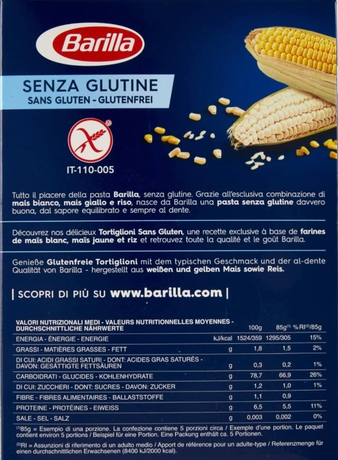 Pasta Gluten Free Barilla Fusilli Pasta Short Italian Corn & Rice 400 Gr